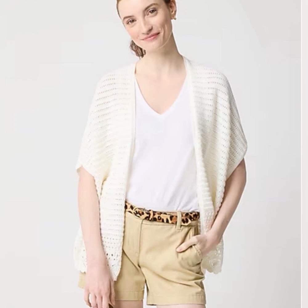 J CREW One Size White Pointelle Open Front Wrap Cardigan Sweater 2025